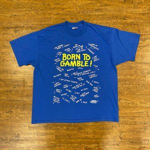 Vintage 1992 Hanes Blue "Born To Gamble' Puff Print Graphic T-Shirt Men's Sz XXL